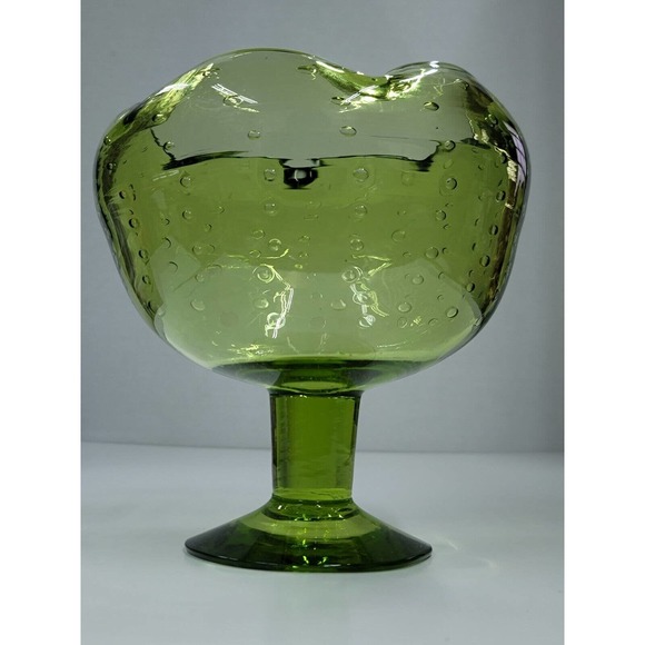 Vintage Bischoff Glass Hand Blown Green Compote Controlled Bubbles - Picture 11 of 11